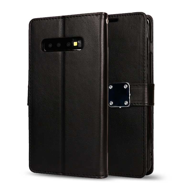 Galaxy S10+ (Plus) Multi Pockets Folio Flip Leather WALLET Case with Strap (Black)